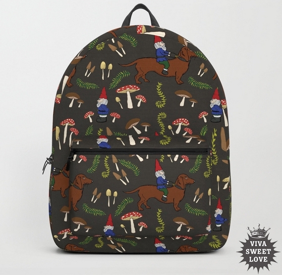  Gnome and Dachshund Mushroom Forest Back Pack available at  Society6  